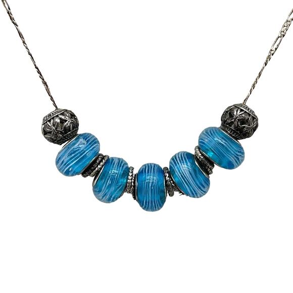 Turquoise Silver Glass Beaded 925 Chain Necklace Fine Jewelry Lobster Claw Lock - Picture 1 of 7